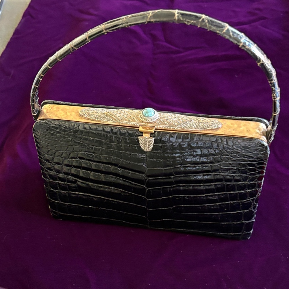 Vintage 1950s genuine, alligator handbag black brass